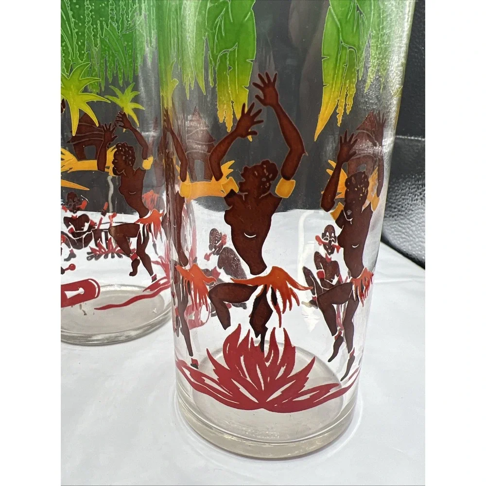 Set of 3 Vintage Federal Glass MCM Dancing Natives Tiki Tom Collins Glasses 6.75